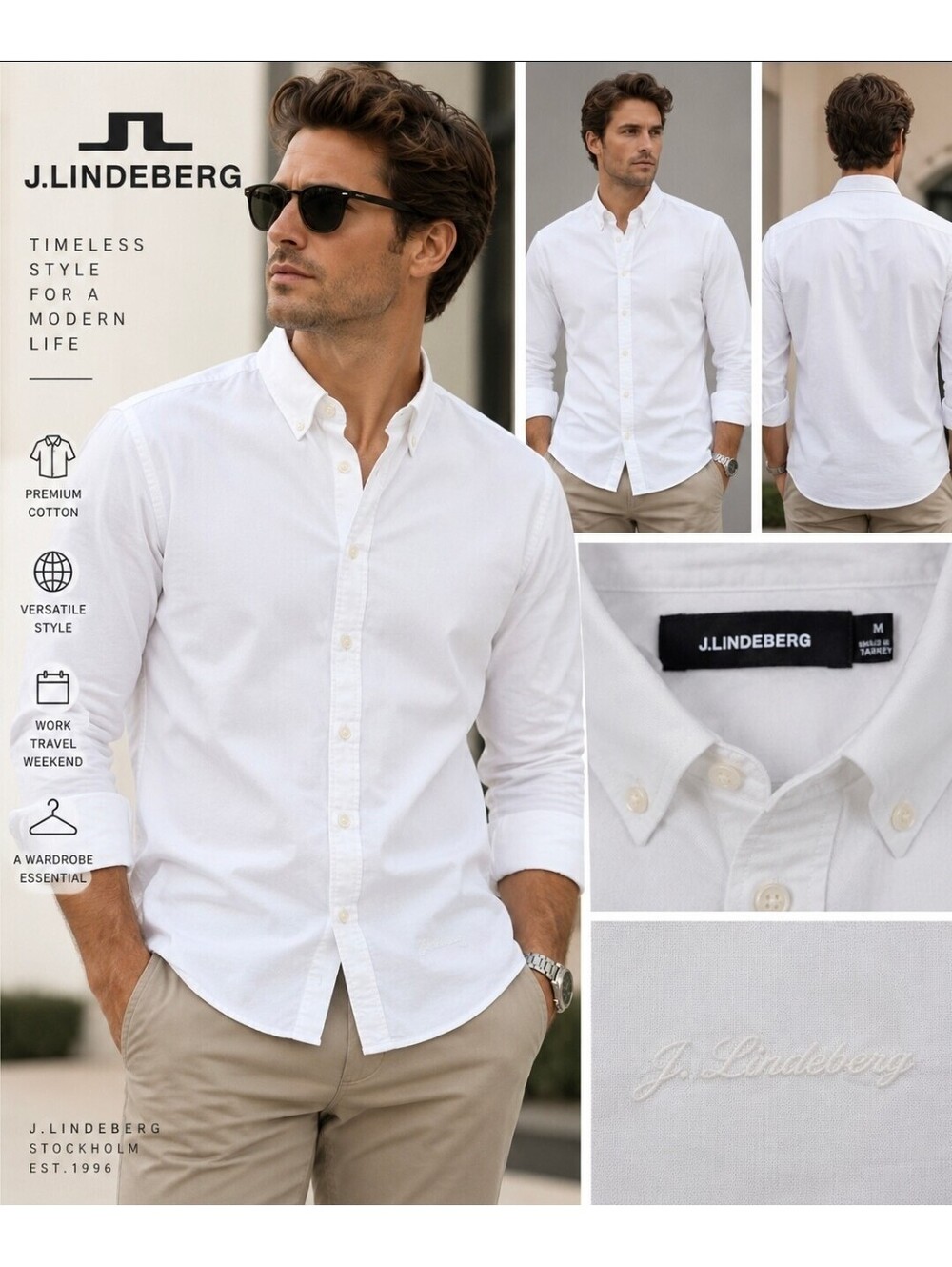 J.Lindeberg Men’s Medium White Cotton Button Down Shirt Tonal Logo Made Turkey